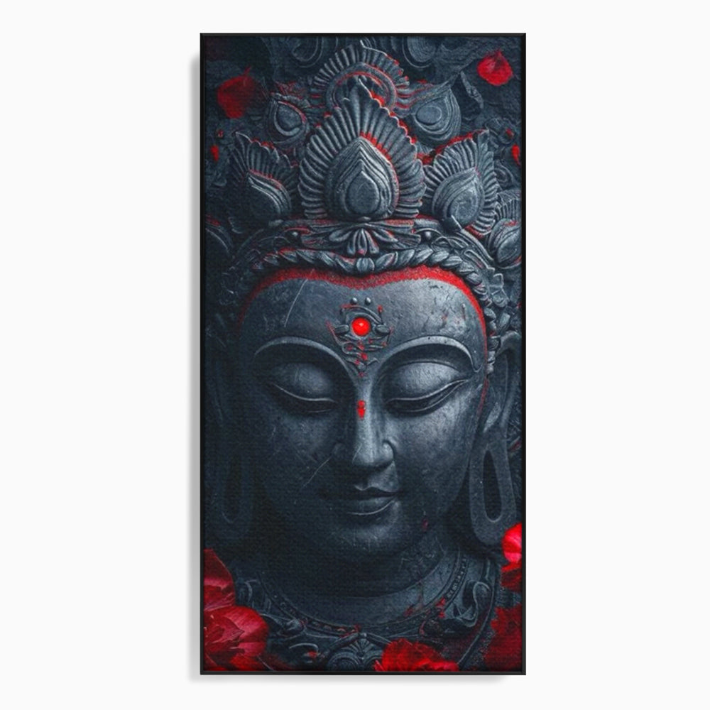 Tablou canvas cu tablou canvas cu capul lui buddha, in rama de aluminiu negru